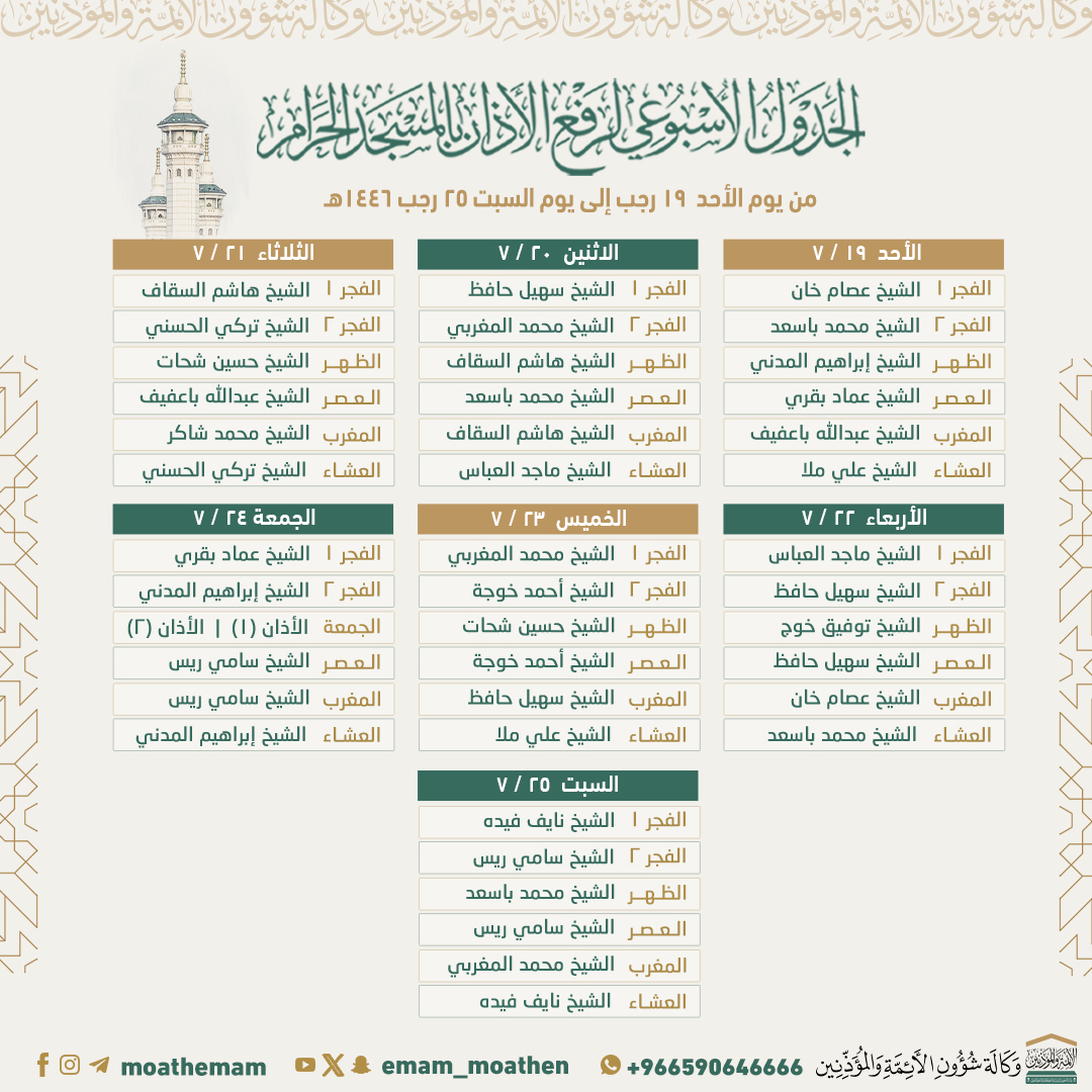 هيئة شؤون الأئمة والمؤذنين تُعلن جدول أئمة الحرم المكي هذا الأسبوع 1446