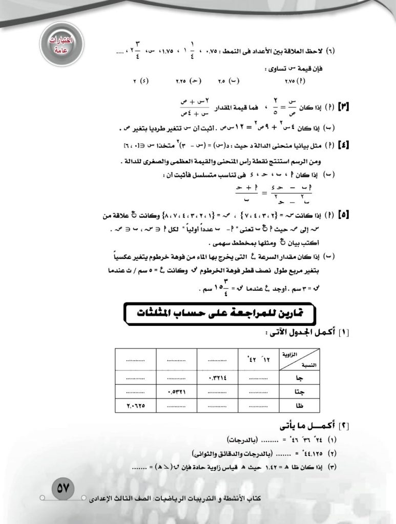 نماذج امتحانات الصف الثالث الإعدادي