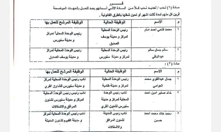 محافظ الفيوم يجري حركة تغييرات محدودة بين رؤساء المراكز ونوابهم