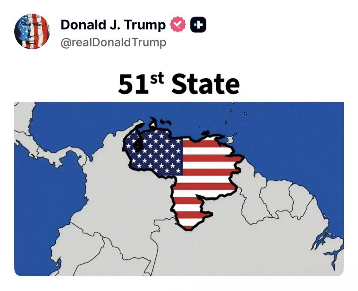 ترامب يشارك صورة لخارطة فنزويلا مغطاة بالعلم الأمريكي تحت عنوان «الولاية 51»