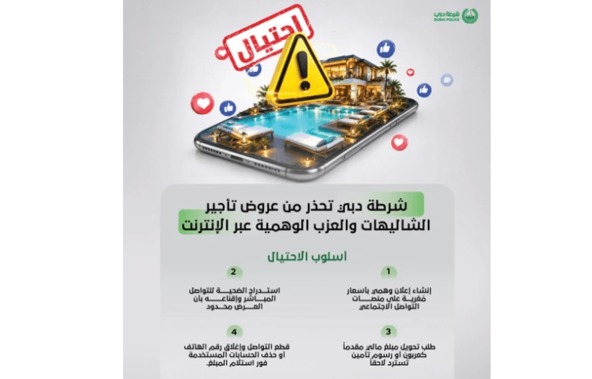 شرطة دبي تحذر من عروض تأجير الشاليهات والعزب الوهمية عبر الإنترنت